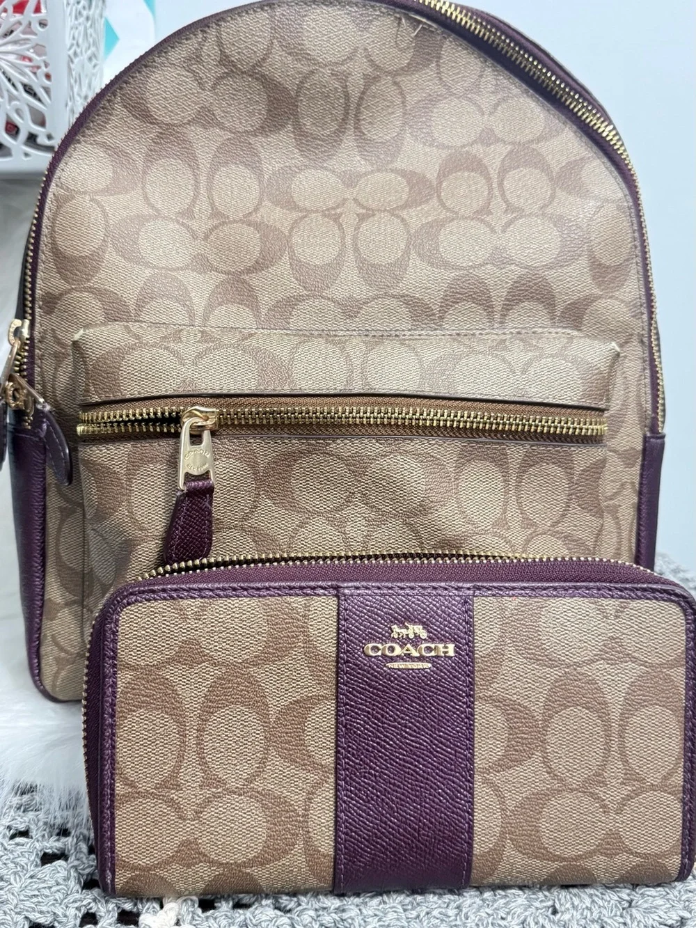 Coach Brown Signature Canvas Backpack and Wallet with Purple Trim